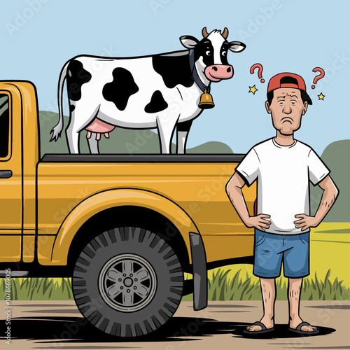 Confused man with cow on truck, humorous farm scene.
