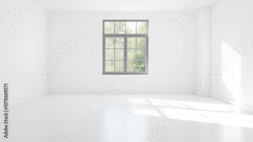 Empty white room with white floor and bright natural light coming through a window, white room, space photo