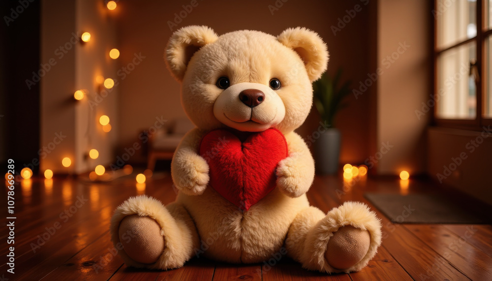 Teddy bear holding red heart in cozy room with warm lighting Teddy bear holding red heart in cozy room with warm lighting