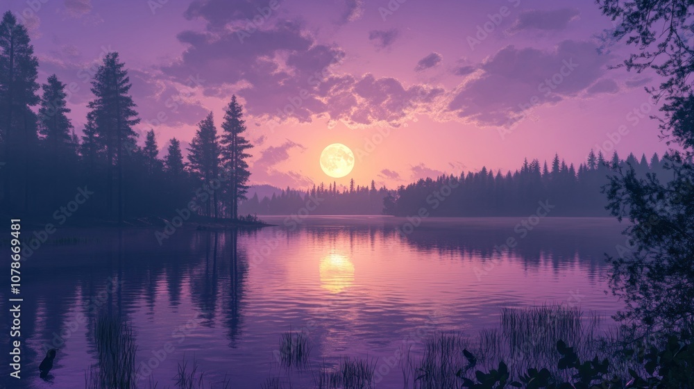 Fototapeta premium Serene Sunset with Full Moon Reflection