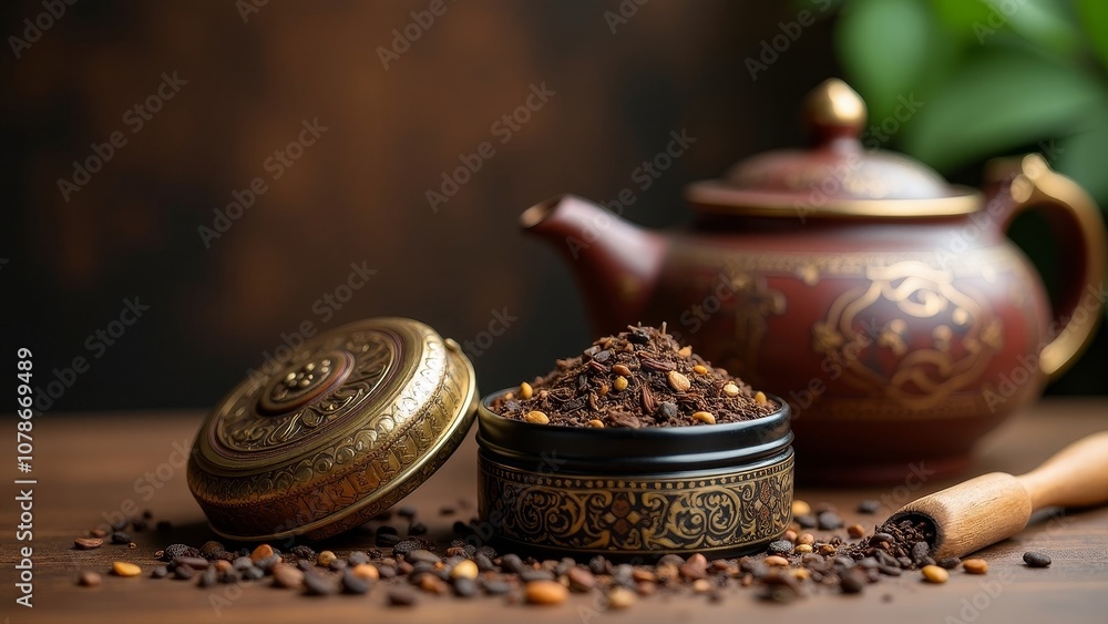 Exquisite Tea Blend Displayed in Ornate Tin with Teapot Exquisite Tea Blend Displayed in Ornate Tin with Teapot
