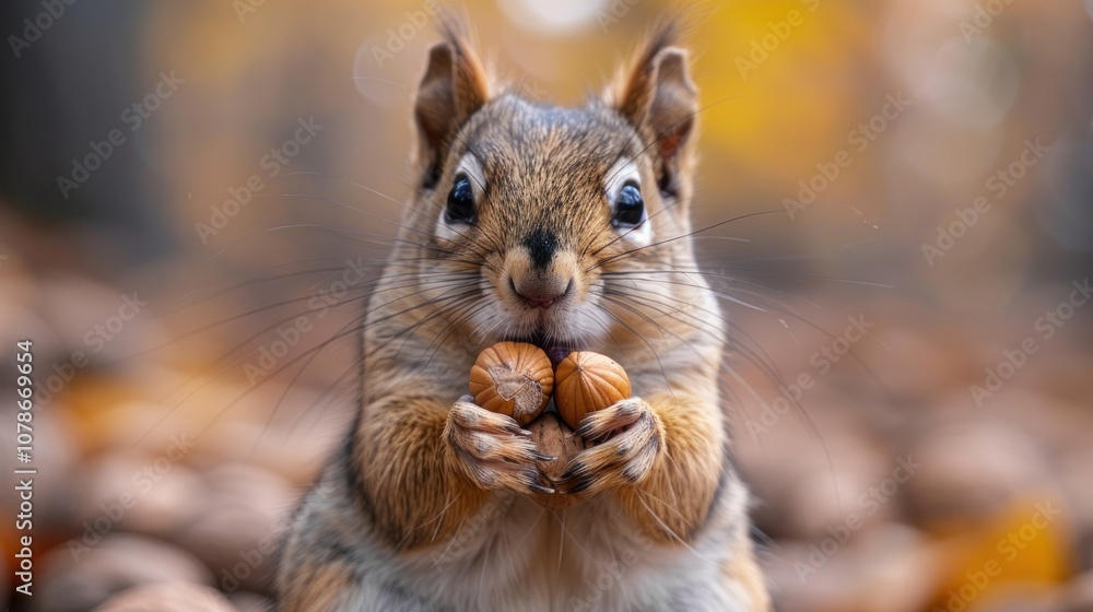 Close up of a squirrel holding a nut in its beak. Close up of a squirrel holding a nut in its beak.
