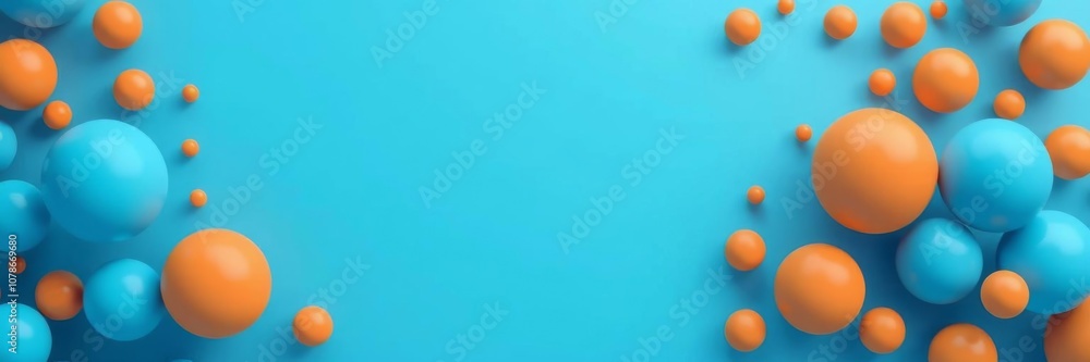 Front view of abstract 3d composition with orange balls on cylinders, design, blue Front view of abstract 3d composition with orange balls on cylinders, design, blue