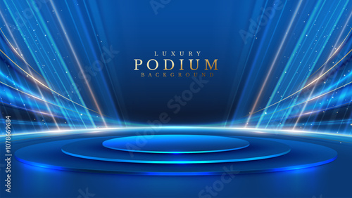 Empty podium blue on dark background with light neon effects with bokeh decorations. Luxury scene design concept. Vector illustrations.