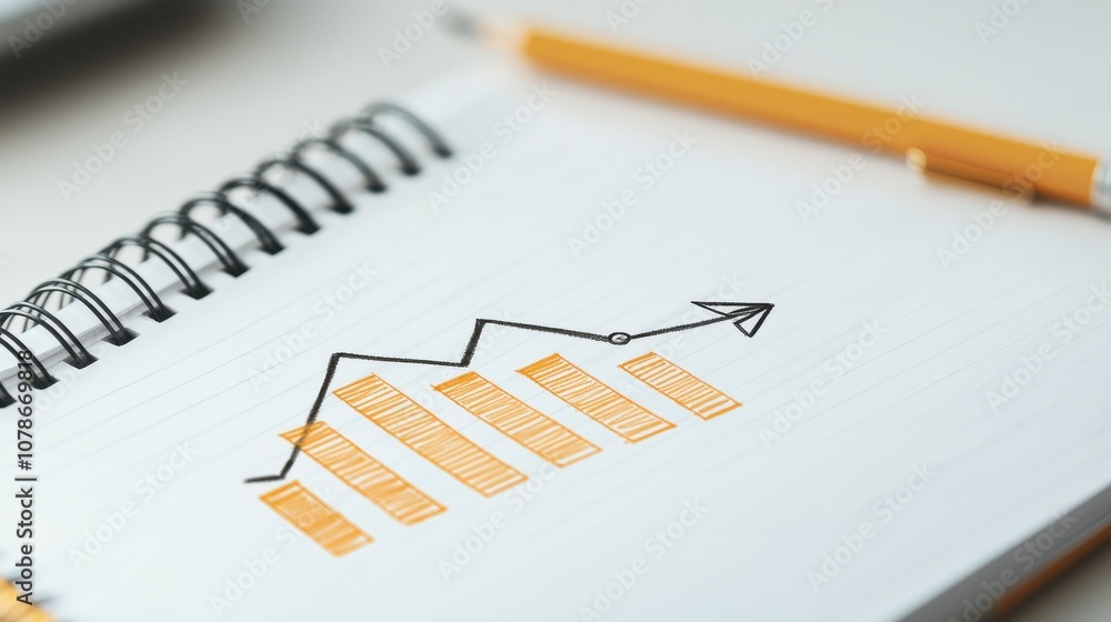 Create an engaging bar graph doodle featuring a rising arrow with casual pencil lines Create an engaging bar graph doodle featuring a rising arrow with casual pencil lines