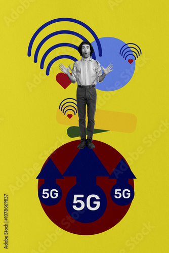 Composite trend artwork sketch image collage of wifi internet wireless browsing connection like heart young guy stand arrow confused face photo