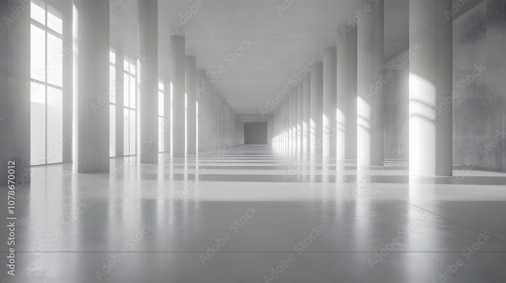 Fototapeta premium Minimalist architectural interior featuring bright white concrete columns and polished floor in an empty industrial space, with natural light streaming through windows.