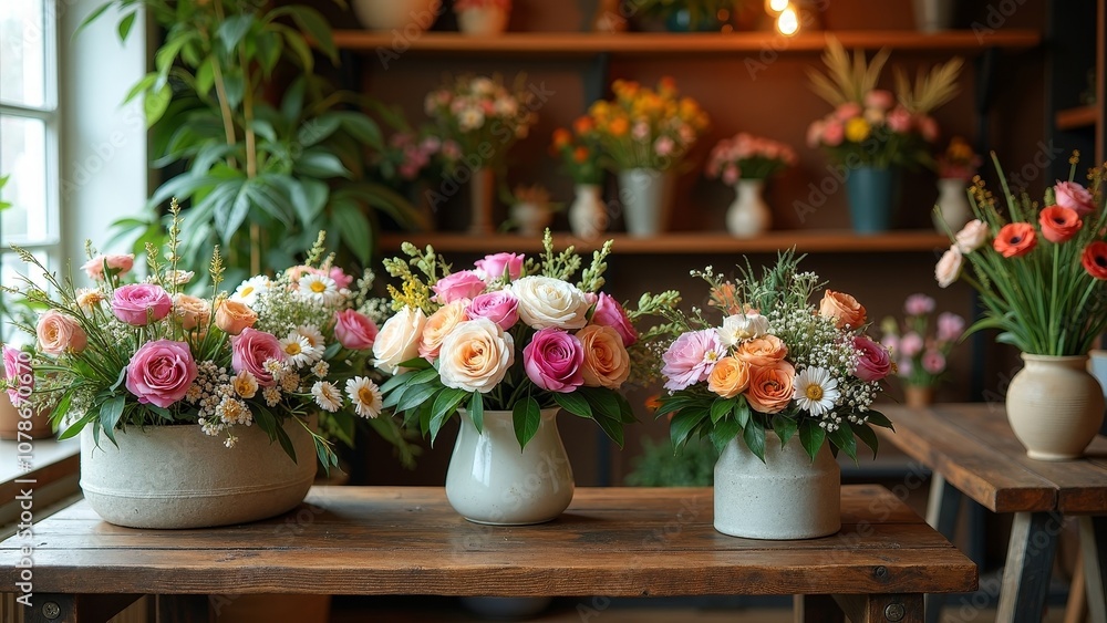 Charming Flower Arrangements in a Cozy Flower Shop Setting Charming Flower Arrangements in a Cozy Flower Shop Setting