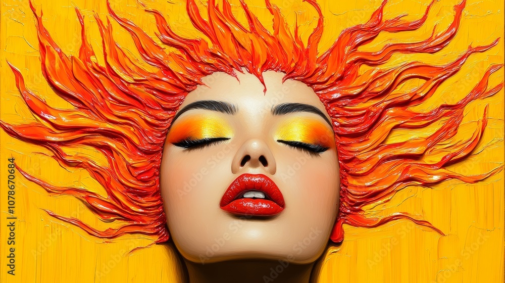 Fototapeta premium Fiery Sun Goddess Abstract Impasto Painting Woman s Face Orange Hair Yellow Background