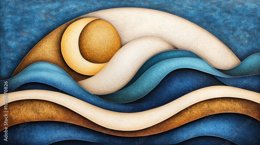 Obraz premium Abstract Ocean Waves Blue Gold Beige Curving Layers Sun Sea Coastal Art