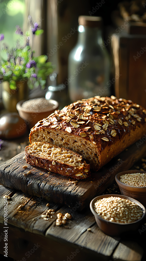 On a wooden table, a rustic loaf of rye bread surrounded by grains and a small bowl of seeds, surrounded by a warm, inviting atmosphere. On a wooden table, a rustic loaf of rye bread surrounded by grains and a small bowl of seeds, surrounded by a warm, inviting atmosphere.