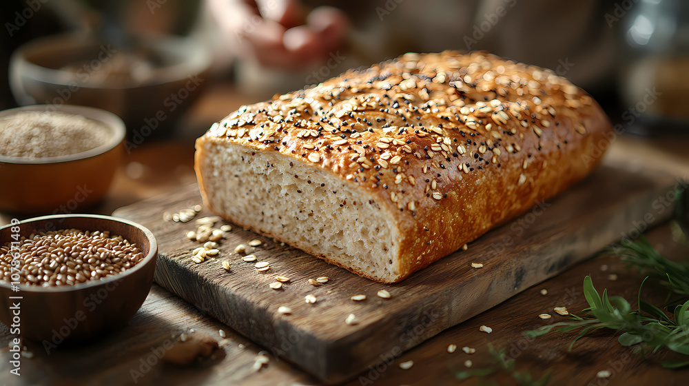 On a wooden table, a rustic loaf of rye bread surrounded by grains and a small bowl of seeds, surrounded by a warm, inviting atmosphere. On a wooden table, a rustic loaf of rye bread surrounded by grains and a small bowl of seeds, surrounded by a warm, inviting atmosphere.
