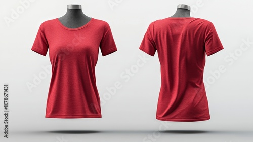 A classic red round-neck T-shirt is modeled on a mannequin, showcasing its design in both front and back views, highlighting its timeless and versatile style.
