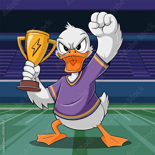 Victorious duck holding trophy on field, celebrating win.