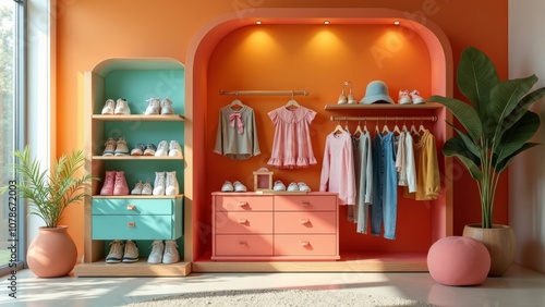 Vibrant Children's Apparel Display in a Cheerful Pop-up Store photo