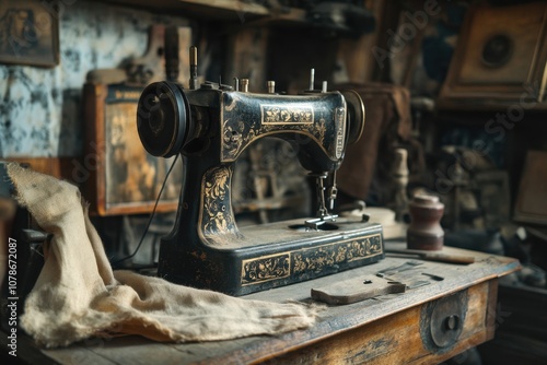 A dusty, old sewing machine in a cluttered attic, with faded fabric and cobwebs, surrounded by forgotten tools. Ample copy space to evoke themes of lost crafts and history. photo