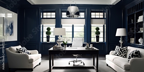 A blue and white room with a large couch and a desk with a computer