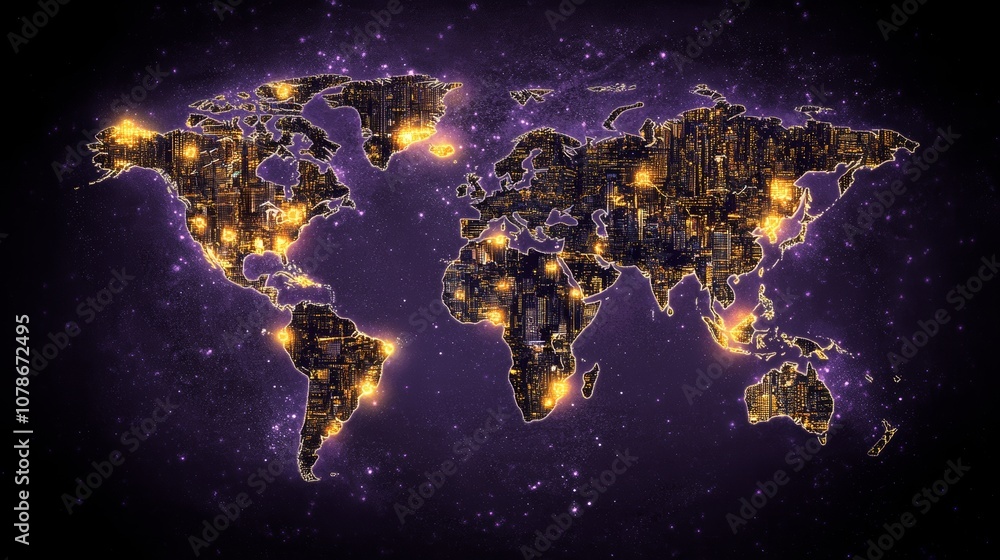 Fototapeta premium Global City Lights World Map Night View Illuminated Cities International Connectivity