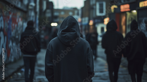 A group of young people or teens wearing hoodies in an urban area, there is a sense of menace, gang crime, wide landscape ratio 16:9
