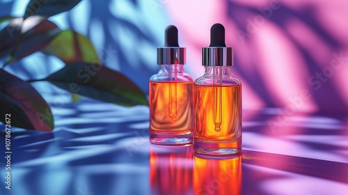 Two Glass Dropper Bottles with Essential Oil in Neon Blue and Pink Background, Spa and Skincare Concept