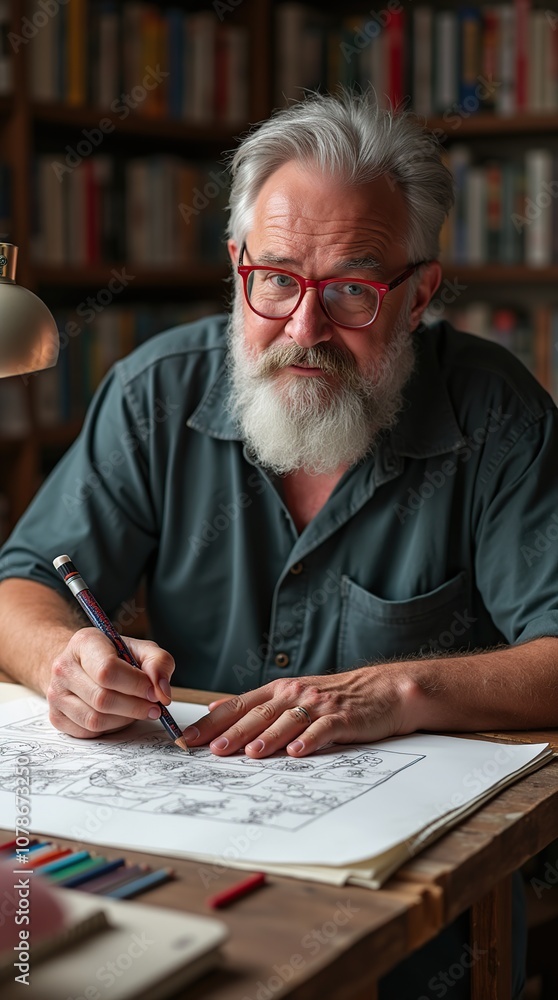 Middle-Aged Comic Book Artist Creating in Home Studio Middle-Aged Comic Book Artist Creating in Home Studio