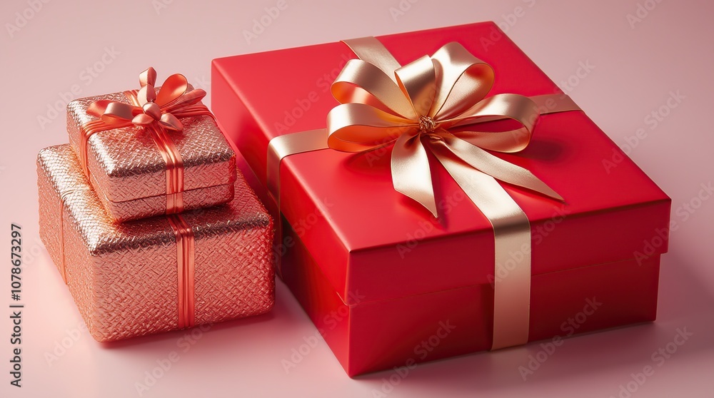 Elegant Red Gift Boxes with Golden Ribbons on Pink Background Elegant Red Gift Boxes with Golden Ribbons on Pink Background