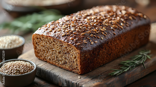 On a wooden table, a rustic loaf of rye bread surrounded by grains and a small bowl of seeds, surrounded by a warm, inviting atmosphere.