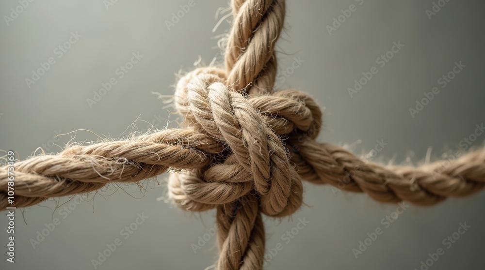 Close-Up of Natural Fiber Rope Knotted Against Neutral Background Close-Up of Natural Fiber Rope Knotted Against Neutral Background