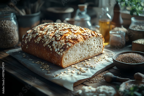 On a wooden table, a rustic loaf of rye bread surrounded by grains and a small bowl of seeds, surrounded by a warm, inviting atmosphere.