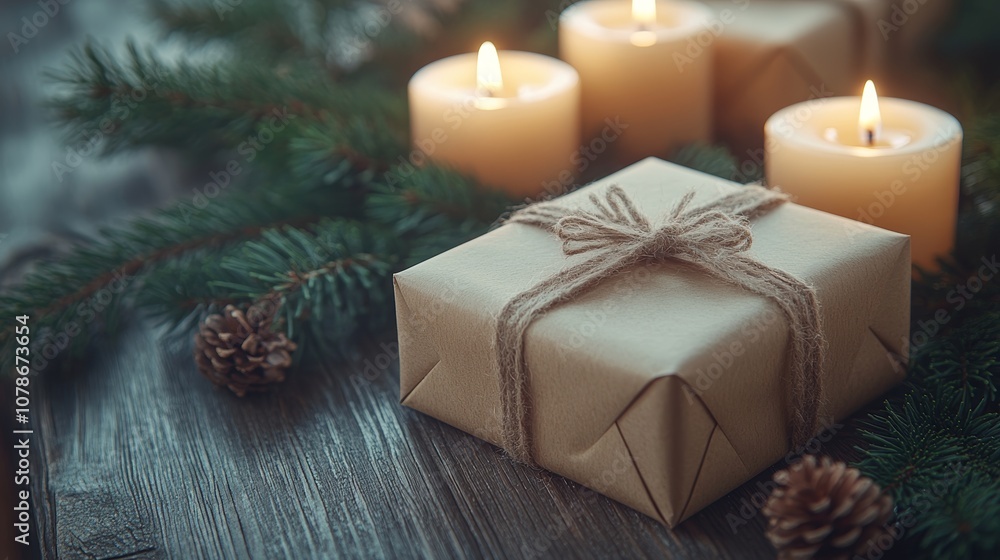 Retro gifts in craft paper and wooden surface adorned with candles and fir branches, soft glow, angled shot, minimalistic composition, free space for text on the left, mockup for design Retro gifts in craft paper and wooden surface adorned with candles and fir branches, soft glow, angled shot, minimalistic composition, free space for text on the left, mockup for design