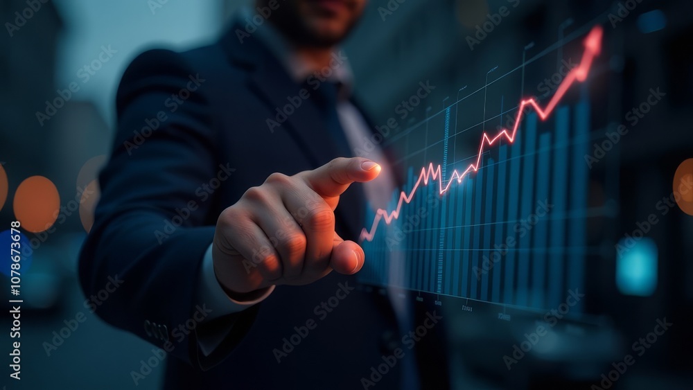 Businessman analyzing rising financial graph on virtual screen at night Businessman analyzing rising financial graph on virtual screen at night