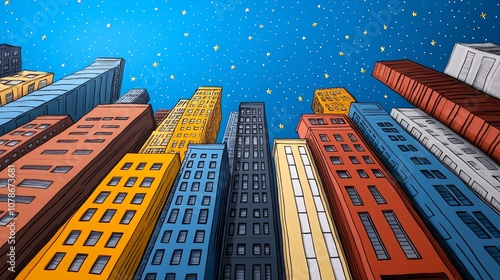 Colorful Cityscape at Night Upward View Cartoon Style Illustration