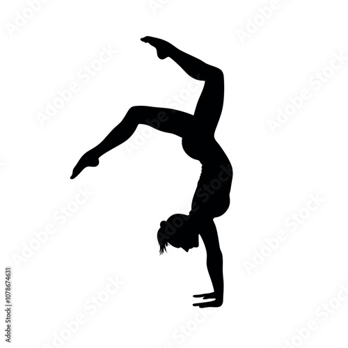 A woman doing a handstand. She is wearing a black outfit. The image is black and white