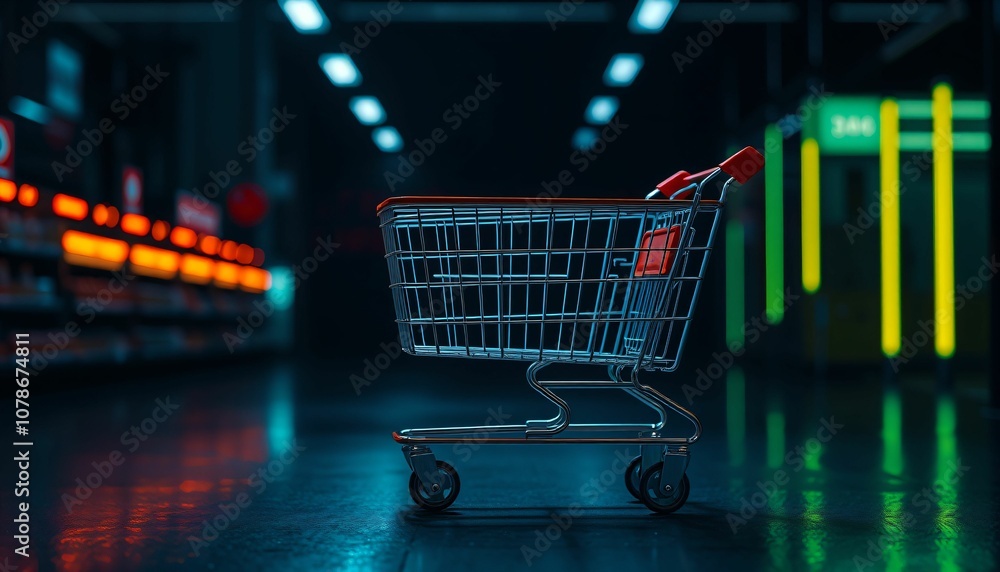 Neon Shopping Cart with Vibrant Lighting Effects Neon Shopping Cart with Vibrant Lighting Effects
