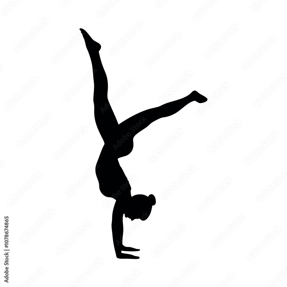 A woman doing a handstand. She is wearing a black outfit. The image is black and white A woman doing a handstand. She is wearing a black outfit. The image is black and white