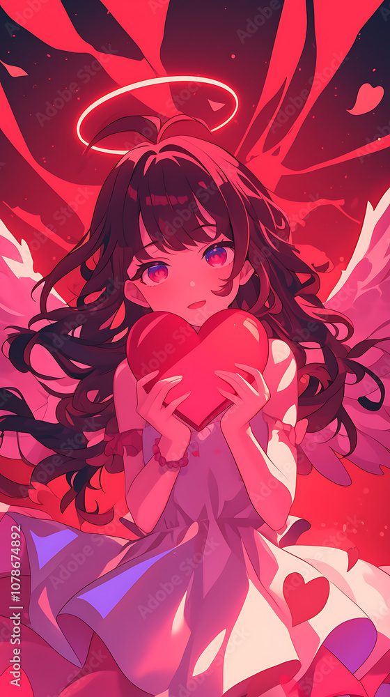 anime cupid holding big heart, Valentine's Day vertical background anime cupid holding big heart, Valentine's Day vertical background