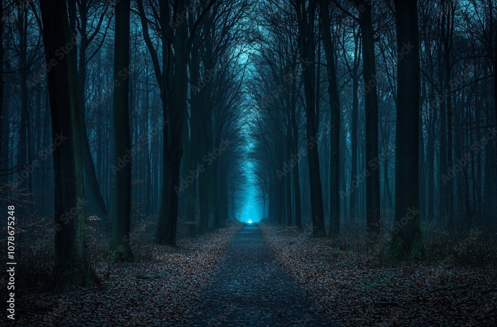 Mysterious Forest Path with Eerie Blue Light Mysterious Forest Path with Eerie Blue Light