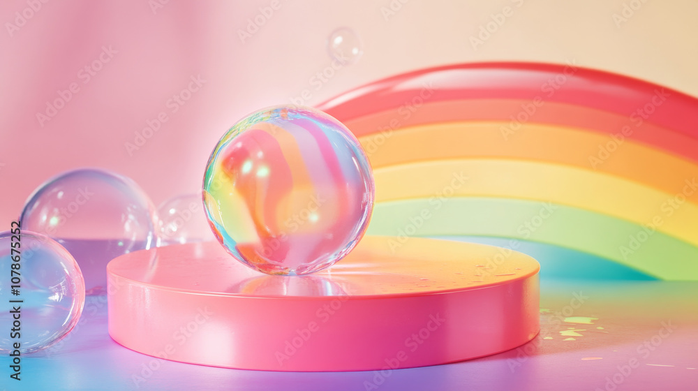 Colorful bubble on 3D pink podium. Rainbow backdrop. Colorful bubble on 3D pink podium. Rainbow backdrop.
