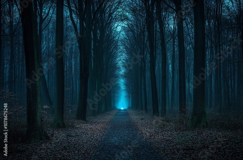 Mysterious Forest Path with Eerie Blue Light