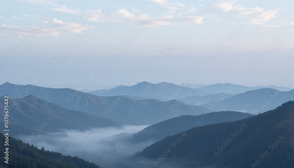 Misty mountain landscape at dawn, serene natural scenery Misty mountain landscape at dawn, serene natural scenery