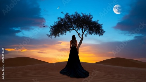 Woman in Black Dress Desert Sunset Landscape Moon Tree Silhouette