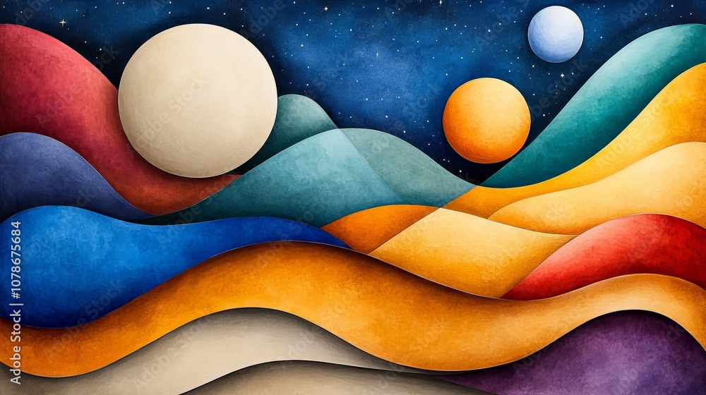 Obraz premium Abstract Colorful Landscape Night Sky Planets Rolling Hills Artistic Painting