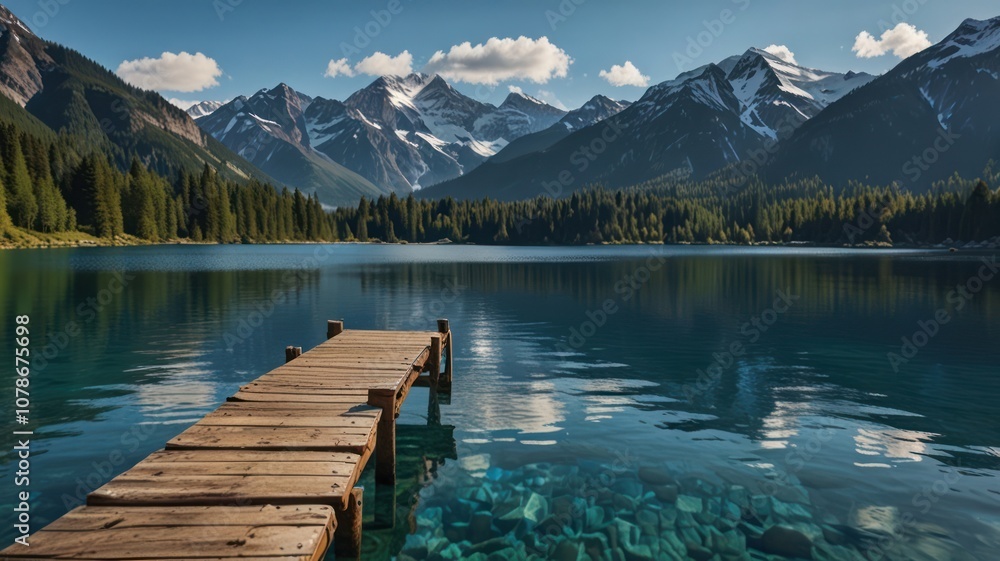 Wooden dock extending into a tranquil mountain lake with clear blue water and snow-capped peaks in the background. Wooden dock extending into a tranquil mountain lake with clear blue water and snow-capped peaks in the background.