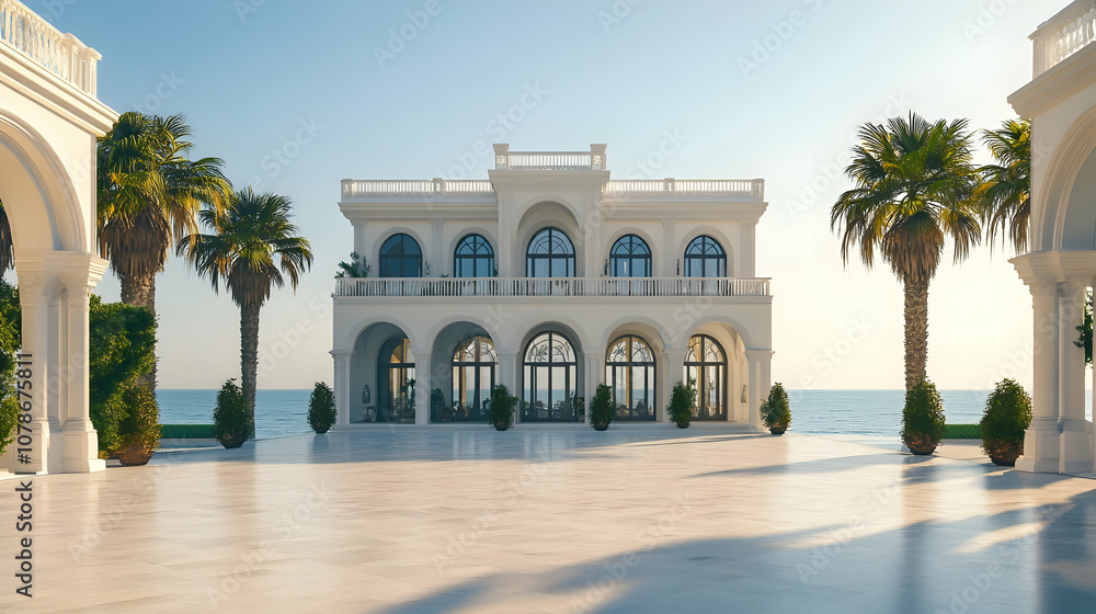 Obraz premium Palm Beach Mediterranean villa with private beach cabana and tropical gardens, luxury Florida coastal estate