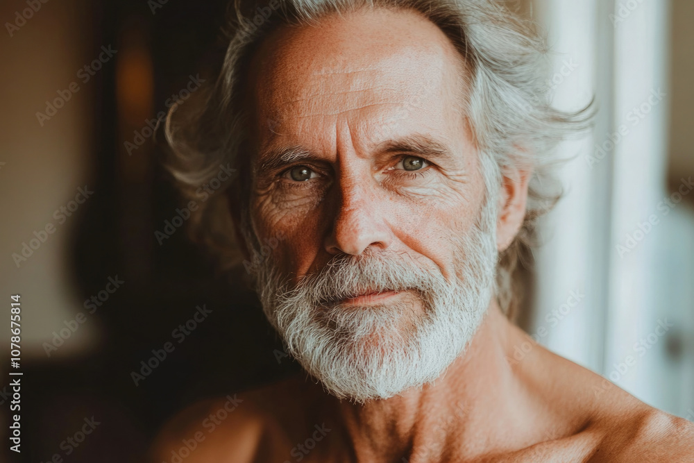 An elderly man with a distinguished white beard is warmly lit by sunlight coming through a window, capturing his aged and serene face in an intimate moment of solitude. An elderly man with a distinguished white beard is warmly lit by sunlight coming through a window, capturing his aged and serene face in an intimate moment of solitude.