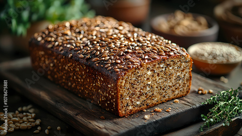 On a wooden table, a rustic loaf of rye bread surrounded by grains and a small bowl of seeds, surrounded by a warm, inviting atmosphere.