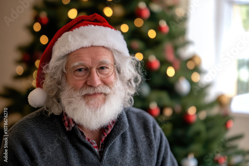 A smiling Santa Claus wearing glasses stands in front of a beautifully lit Christmas tree, reflecting the joy and warmth of the holiday season through his soft expression.