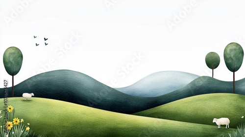 Serene Watercolor Landscape Green Hills Sheep Trees Birds