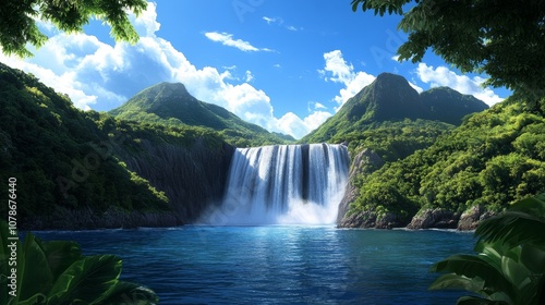 Majestic Waterfall in Lush Tropical Paradise Stunning Nature Scene