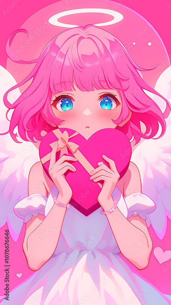 anime cupid holding big heart, Valentine's Day vertical background anime cupid holding big heart, Valentine's Day vertical background